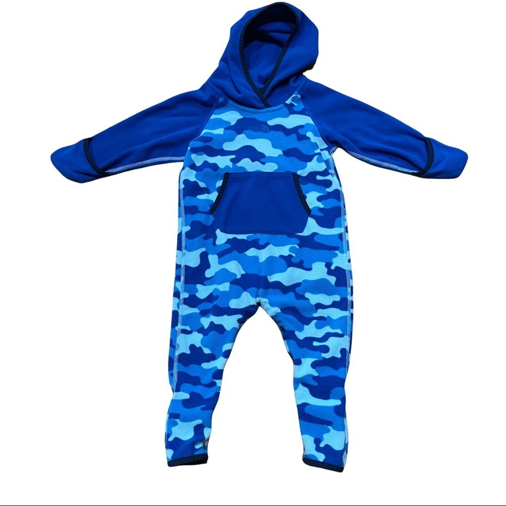 The North Face Blue Camo Fleece Jumper One Piece Bunting Toddler 12-18M EUC